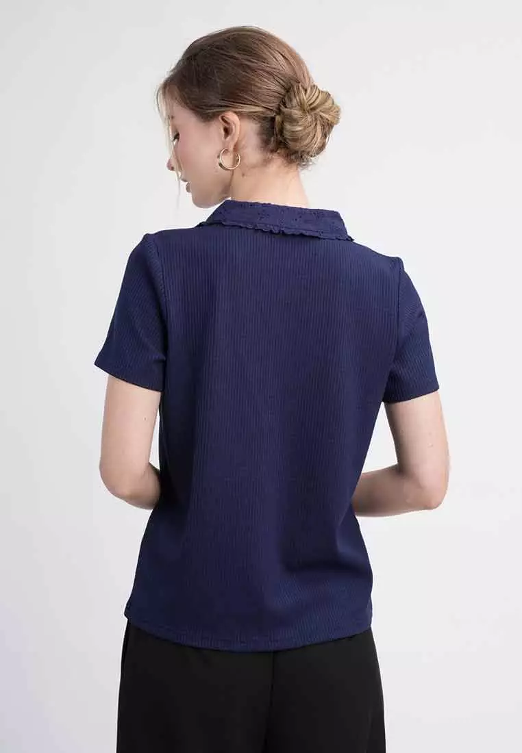 Lina Ribbed V-Neck Scalloped Collar Knit Top
