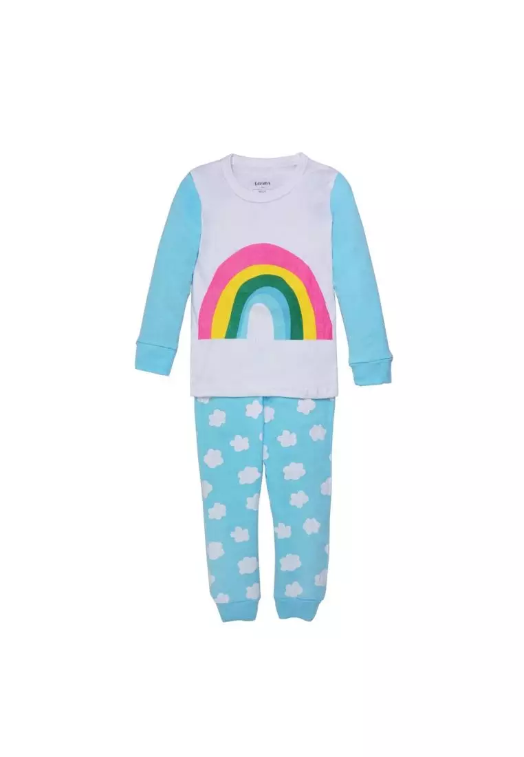 BAJU TIDUR PIYAMA ANAK SETELAN ANAK PEREMPUAN LENGAN PANJANG - raglan rainbow clouds