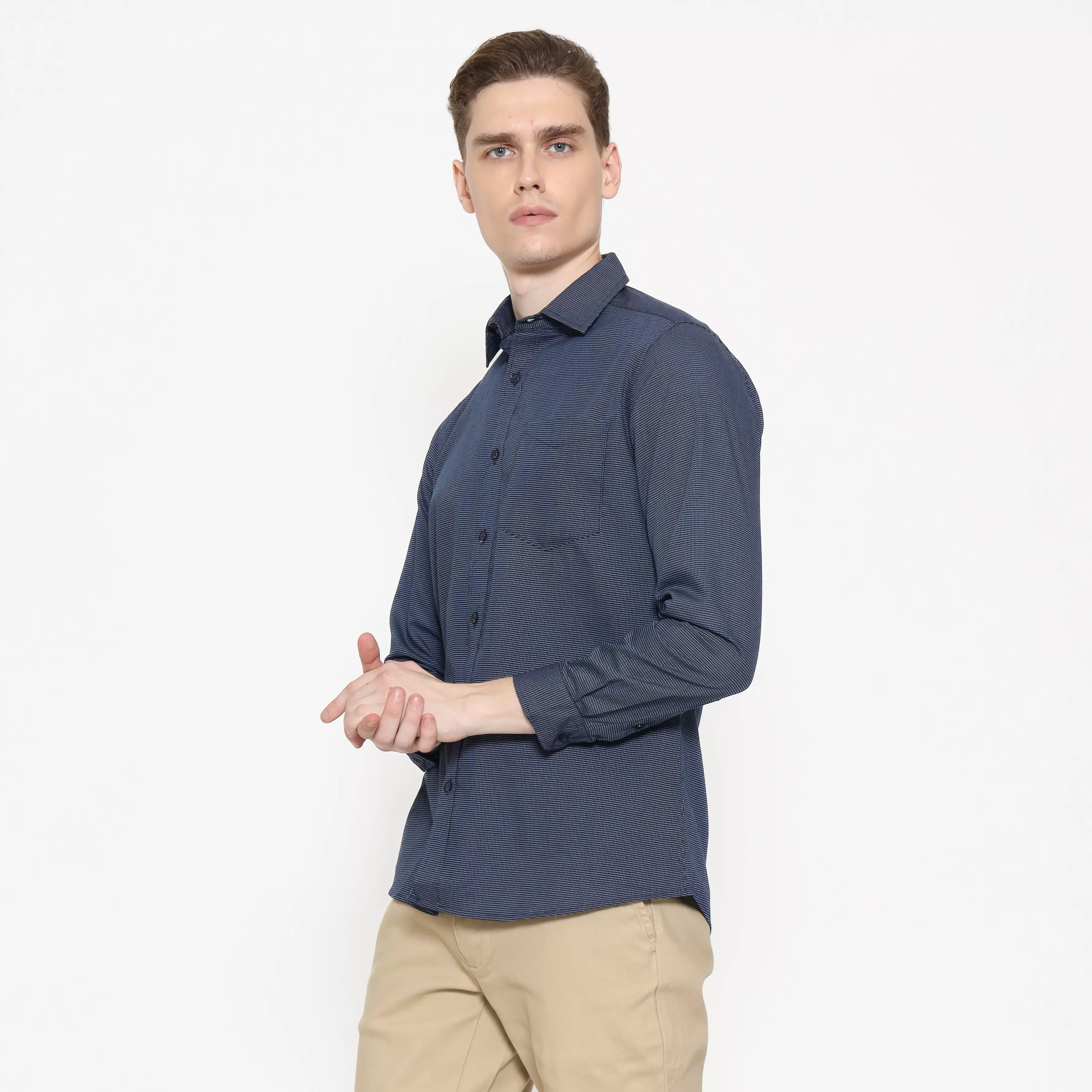 Schoeller Kemeja Casual Pria Lengan Panjang Slim Fit Warna Biru Abu – S.9-KCLSF-B201-CVN-BL4
