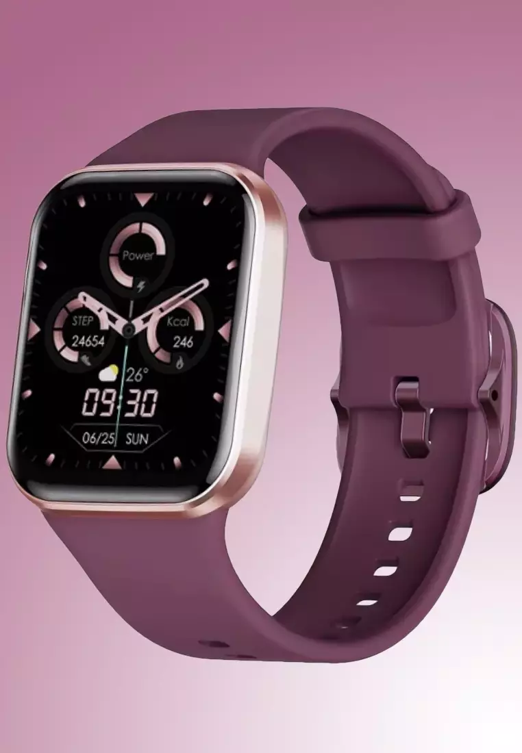 Ladies IOS/Android IP Pink SmartWatch with Burgundy Rubber Strap