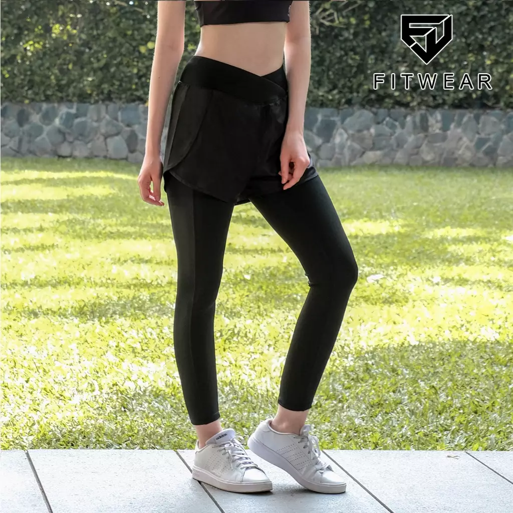 Fitwear - Celana Pendek + Legging Olahraga Wanita Big Size CINDY CROSS WAIST - BLACK