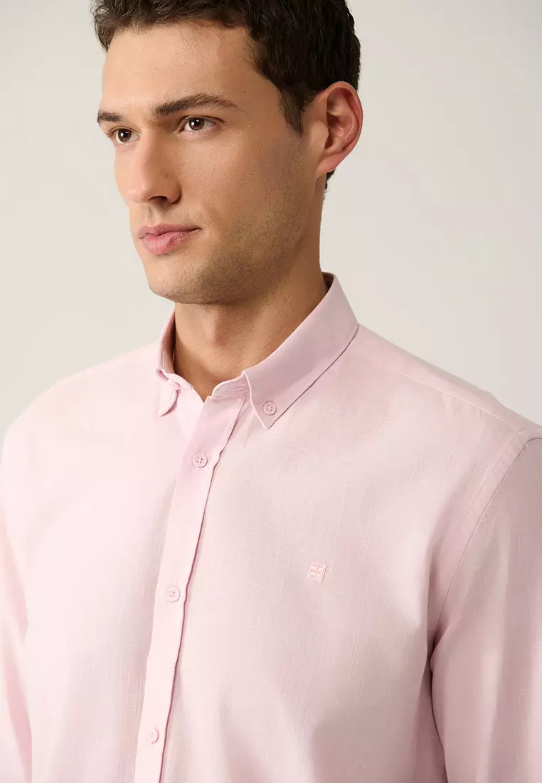 Men's Light Pink Button-Down Collar 100% Cotton Linen Textured Shirt E002141