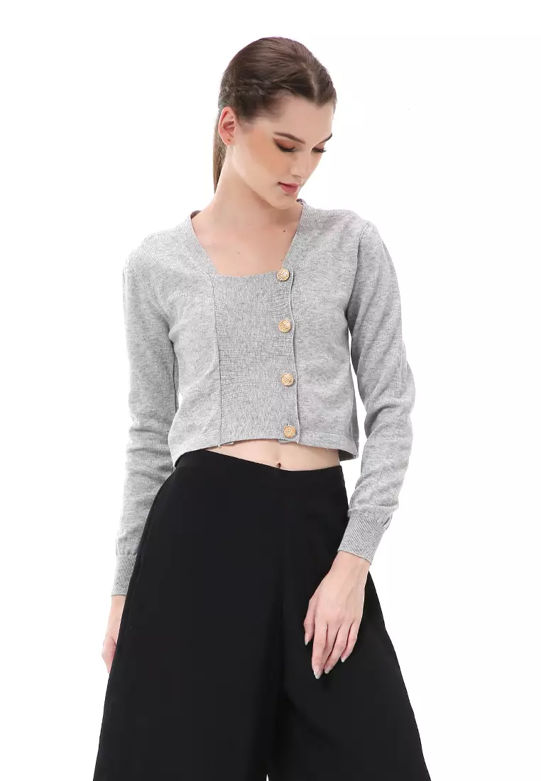 Albertine Atasan Wanita Top Lengan Panjang Model Kancing Samping Material Rajut ORIGINAL - Gray