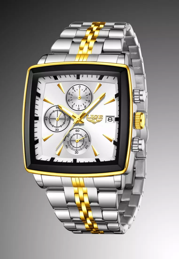 Chronograph Unisex Gold color finished Stainless Steel Quartz Watch 40X40mm, Silver Dial, on Bicolor Bracelet