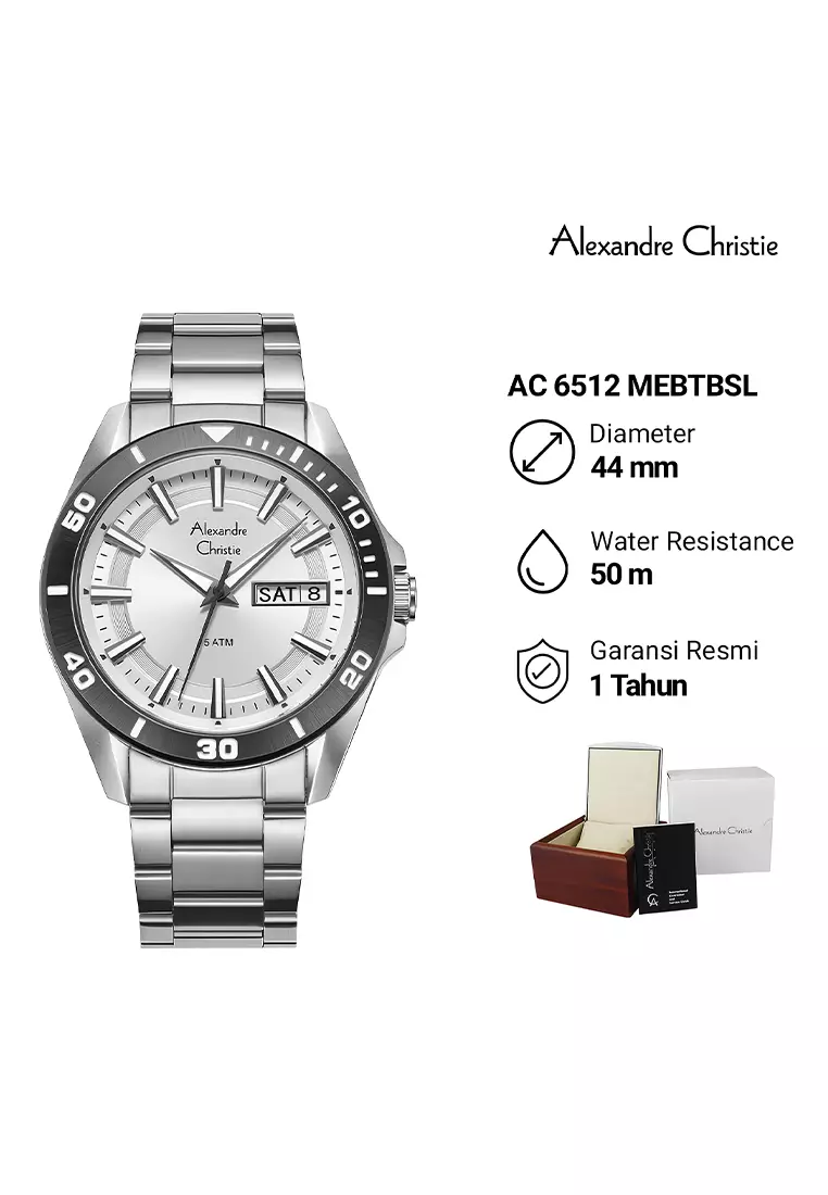 Alexandre Christie - Jam Tangan Analog Pria - Silver Case White Dial - Stainless Steel - 6512MEBTBSL