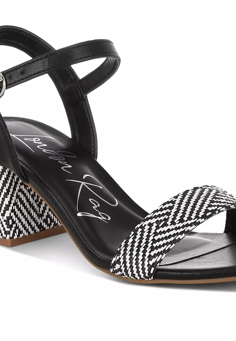 Raffia Pin Buckle Block Heels In Black