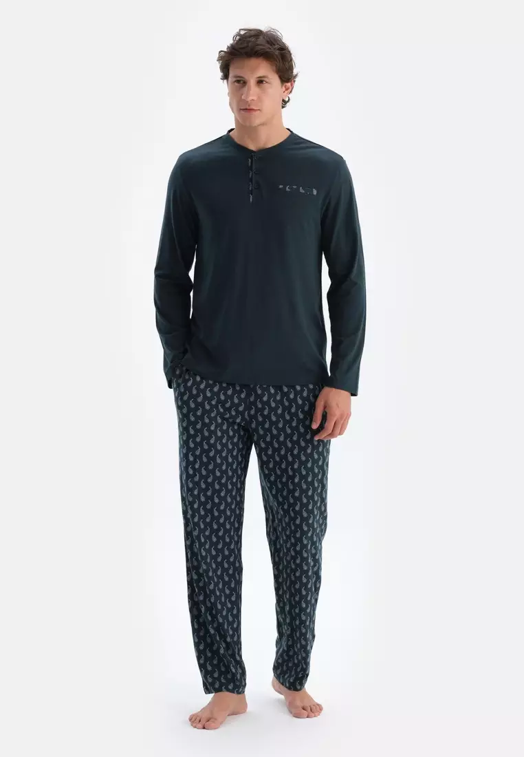 Navy T-Shirt & Trousers Set, Crew Neck, Regular Fit, Long Sleeve Sleepwear for Men