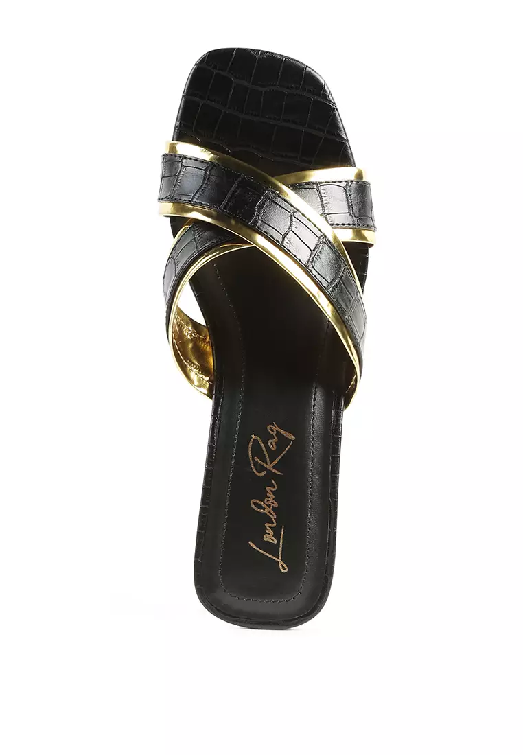 Buy London Rag Gold Line Croc Textured Low Heel Sandals in Black Online ...