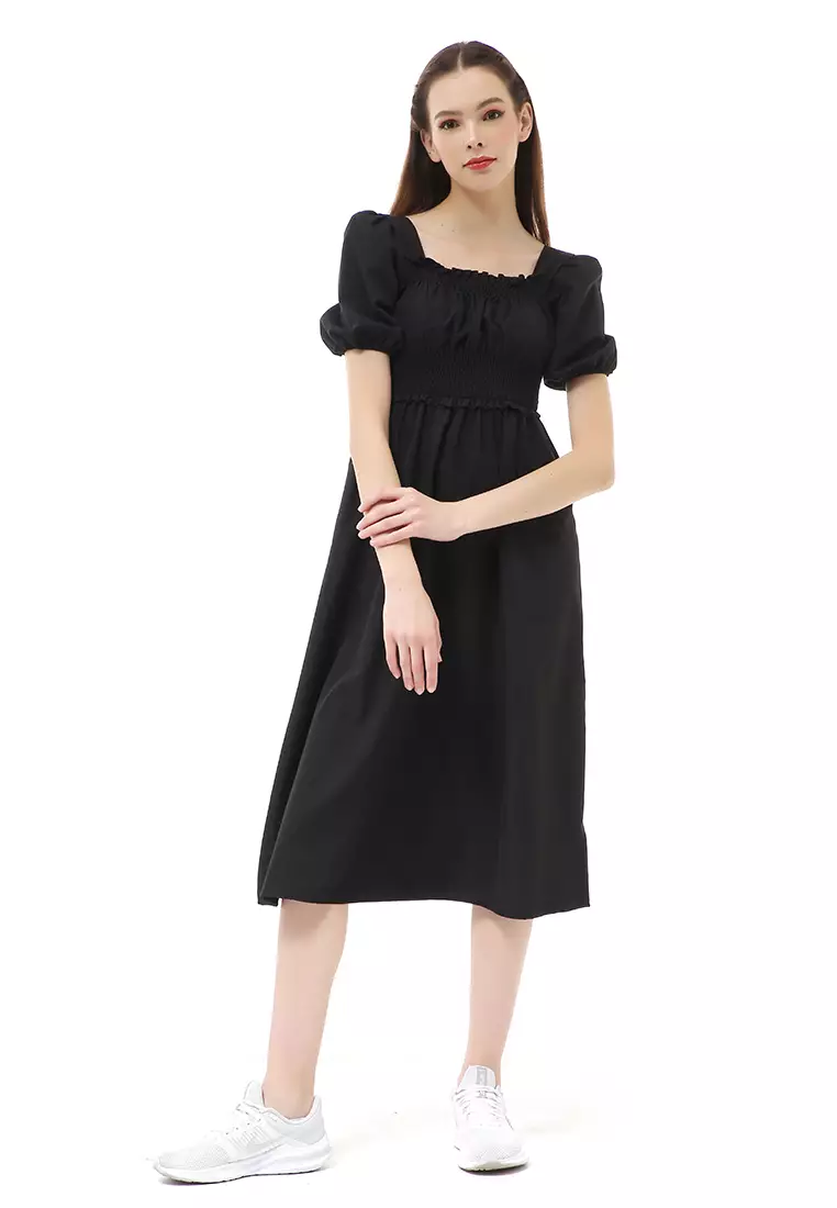 Rachel Dress Retro Wanita Full Karet Short Sleeve Material Cotton ORIGINAL - Black
