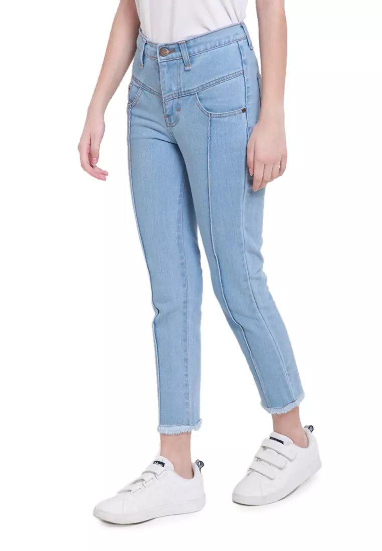 Jesslyn Celana Jeans Boyfriend Aksen Ripped Bawahan Wanita Regular Fit - Light Blue