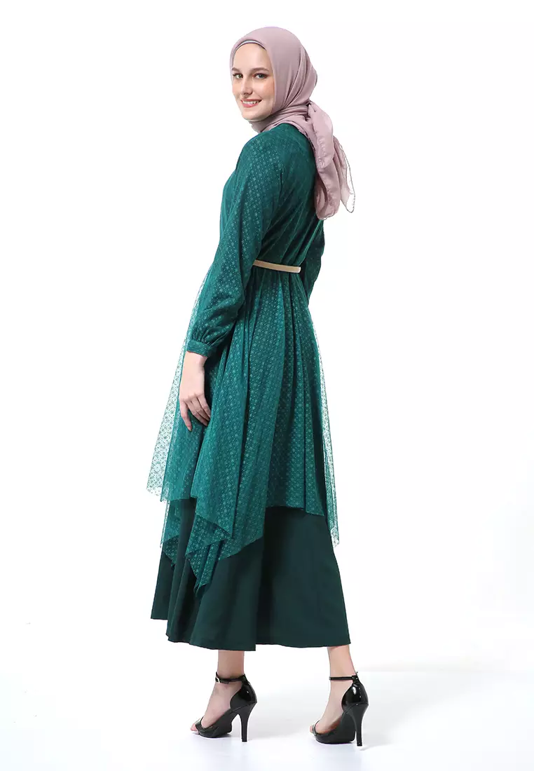 Zahwa Long Dress Gamis Muslimah Long Sleeve Free Belt High Quality - Deep Green