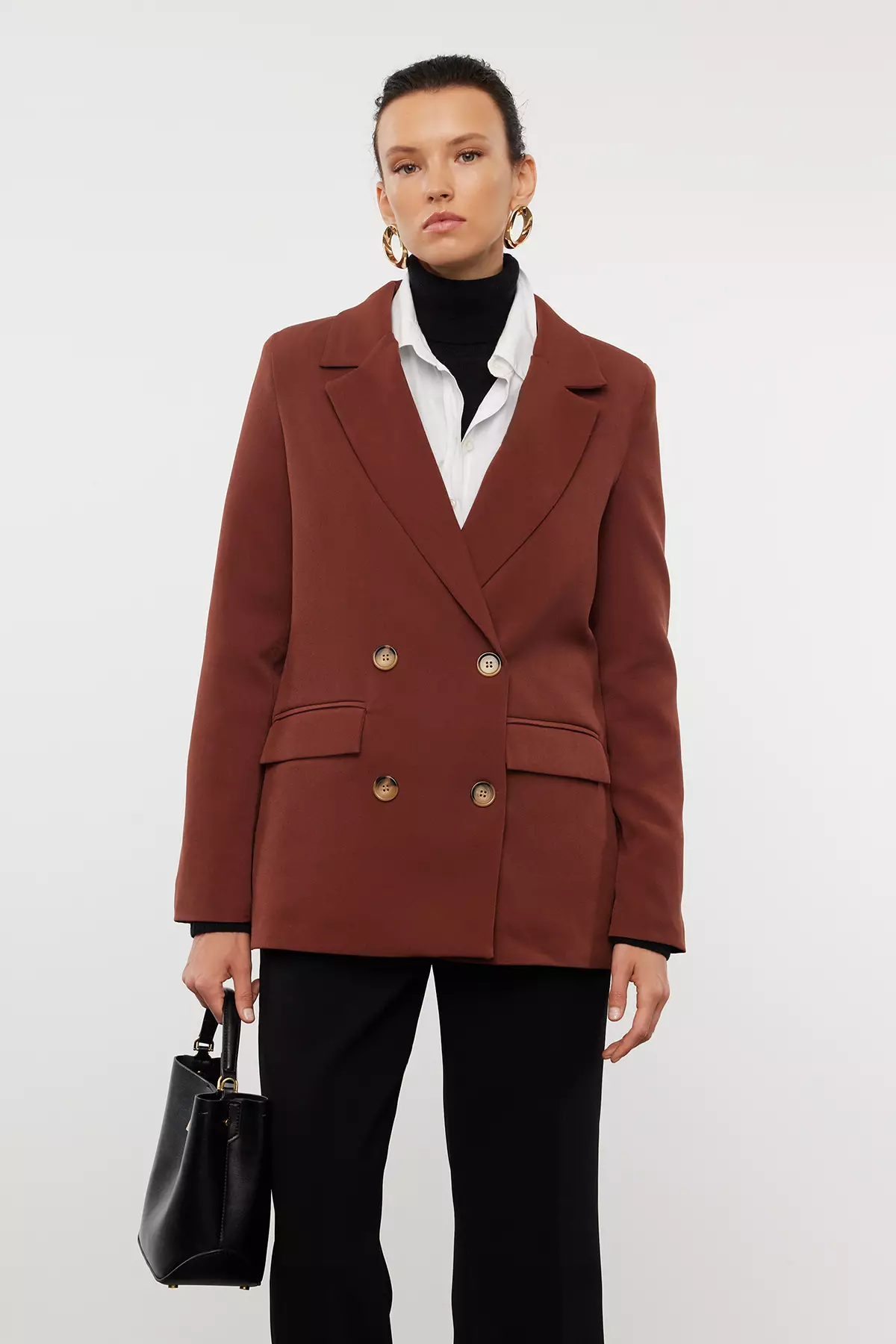 Dark Brown Regular Lined Double Breasted Closure Woven Blazer Jacket TWOAW21CE0264