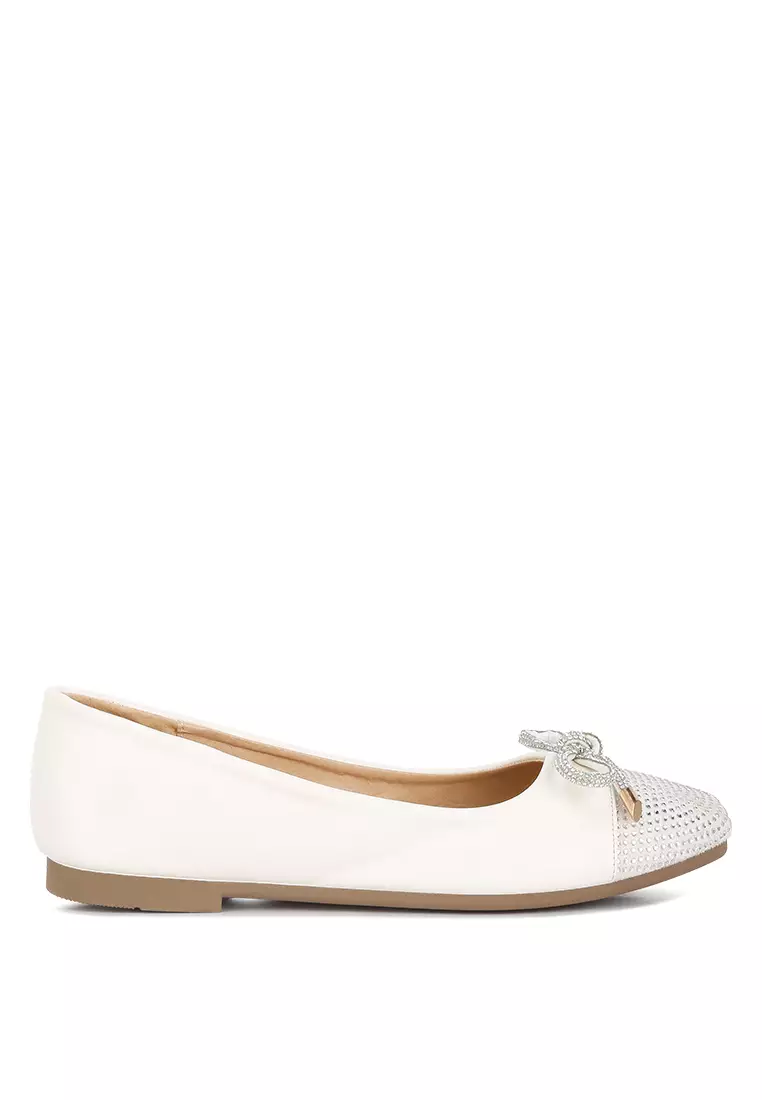 Discount on London Rag  shoes - SKU: Off White Rhinestones Embellished Toe Cap Ballerinas