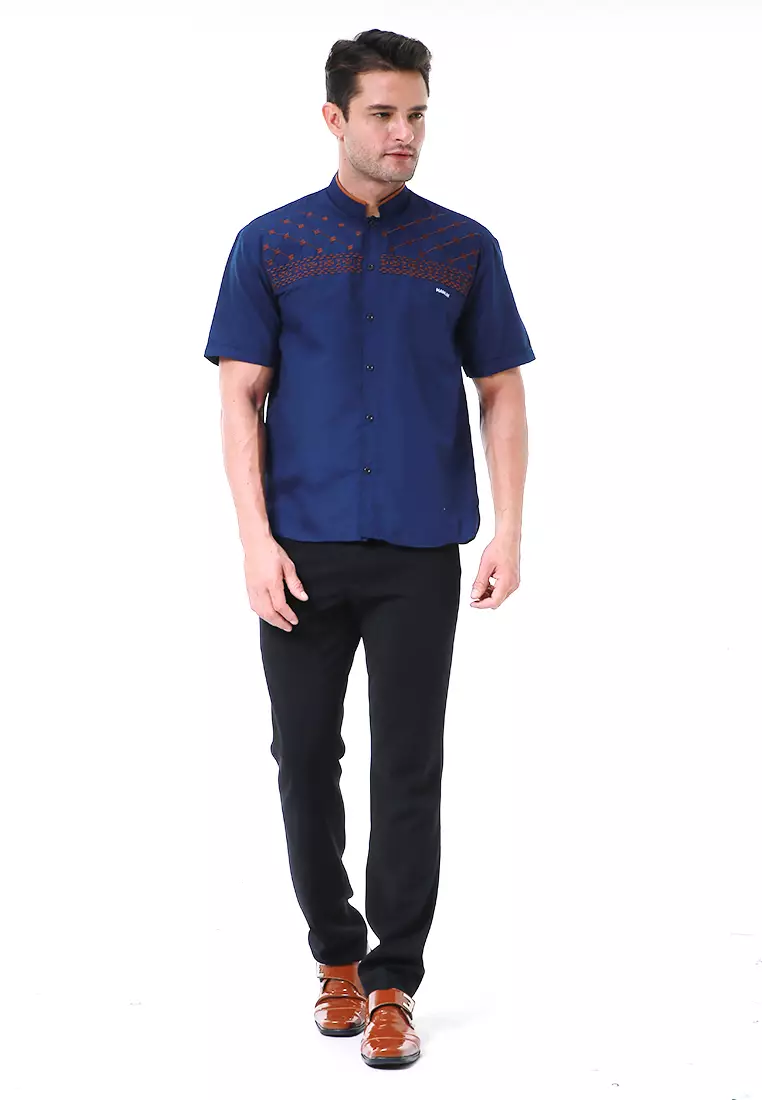Leopold Kemeja Koko Pria Lengan Pendek Motif Bordir Material Cotton ORIGINAL - Navy