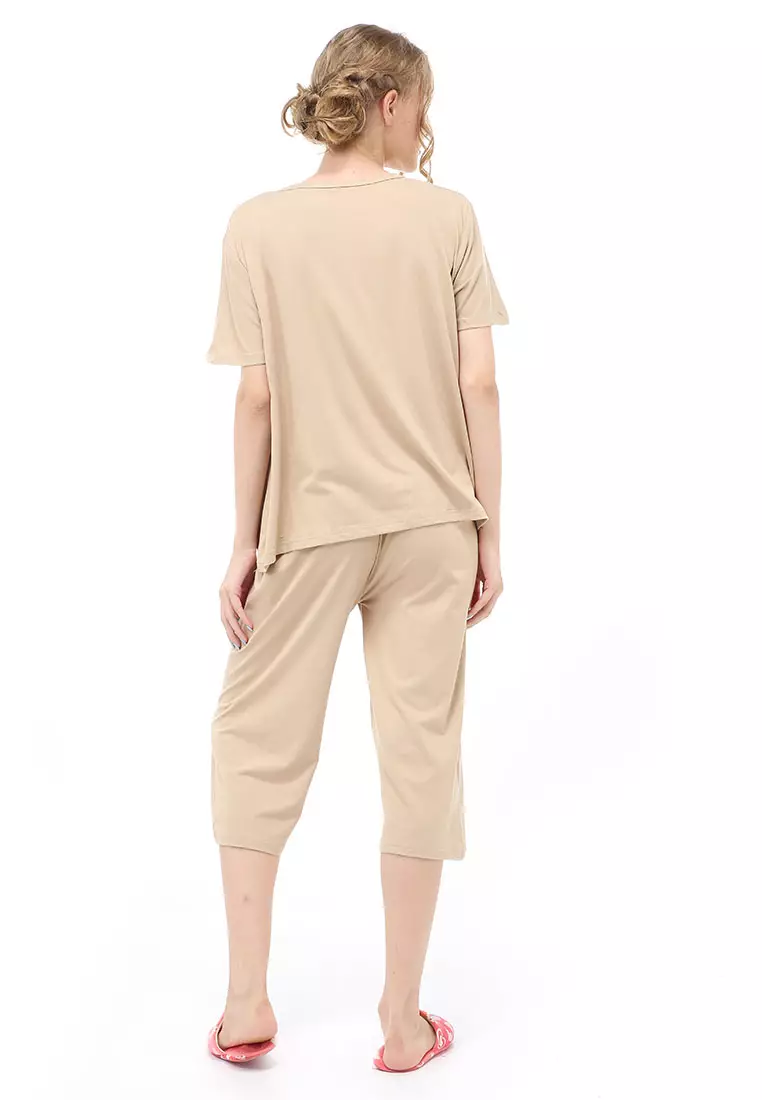 Vance Setelan Piyama Baju Tidur Wanita Celana Pendek 7/8 Material Spandex ORIGINAL - Khaki
