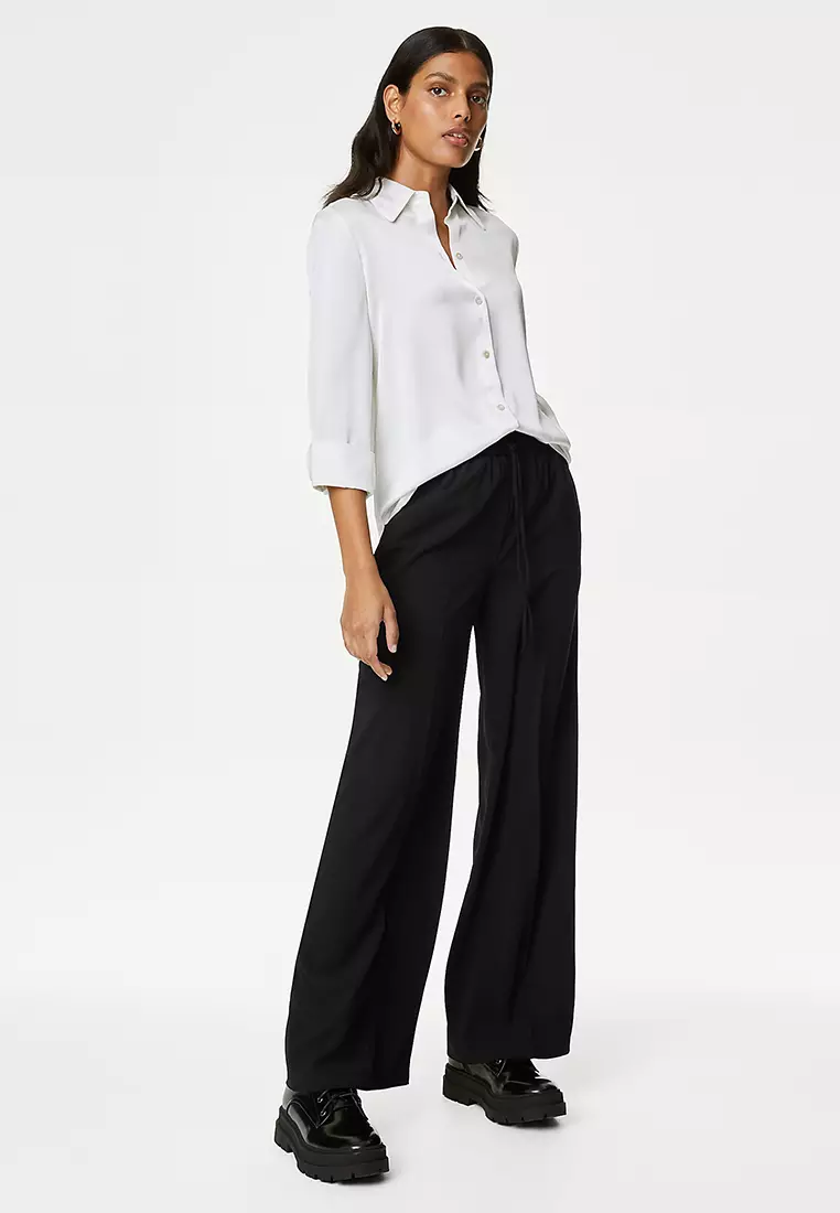 Crepe Drawstring Wide Leg Trousers