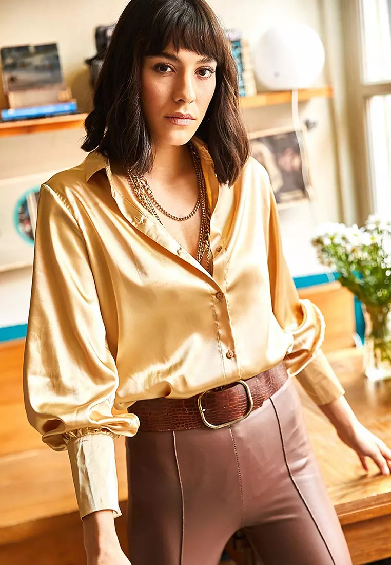 Cuff Detailed Woven Satin Shirt