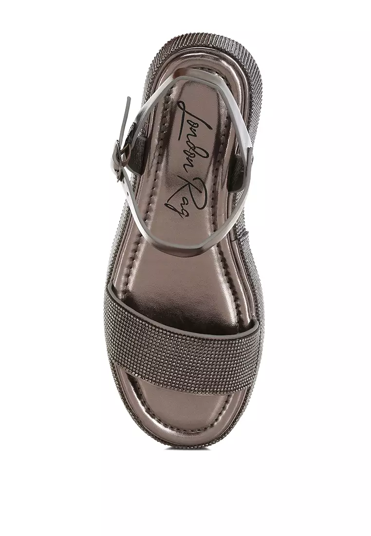 Rhinestone Embellished Flatform Sandals in Pewter