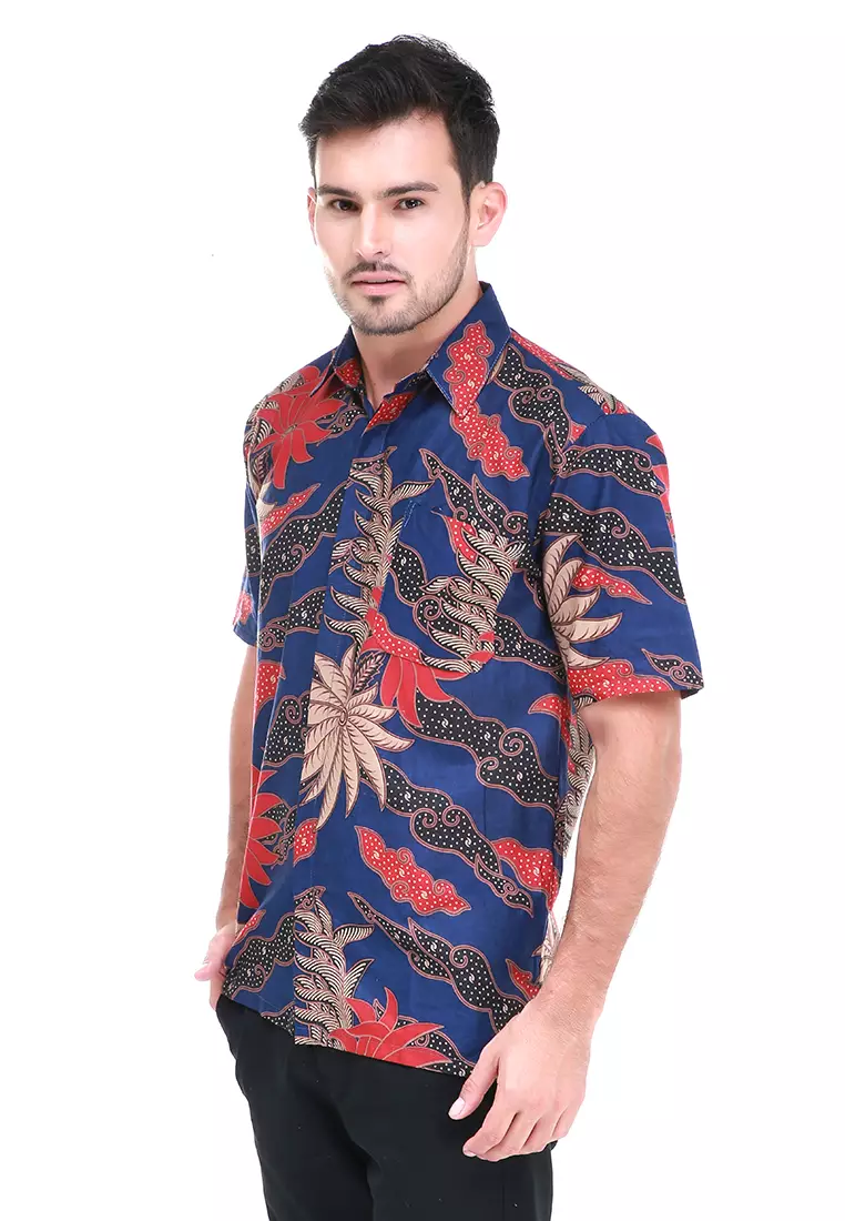 Dwan Kemeja Batik Pria Flora Atasan Formal Shortsleeve Shirt Material Cotton ORIGINAL - Blue