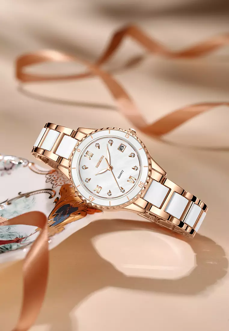 Jam Tangan Wanita Korea Berlian Original Anti Air Tali Keramik Jam Tangan Cewek New Wanita rosewhite