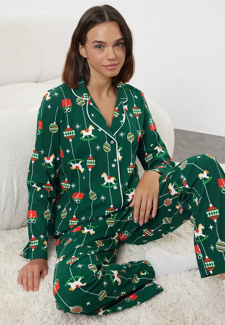 Green 100% Cotton Christmas Themed Knitted Pajama Set THMAW25PT00172