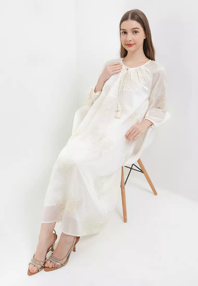 Long Puff Sleeves Seq Details Peony Emb Dress
