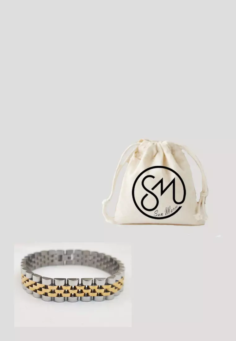 Men's Accessories Double Colour Stainless Steel Men's Bracelet Gelang Pria Silver & Gold