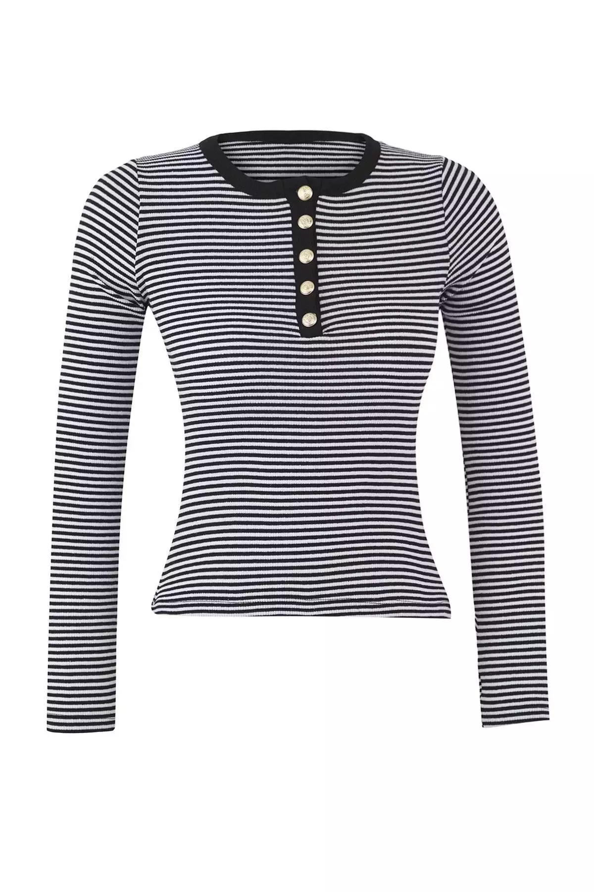 Black Crew Neck Buttoned Fitted/Fits The Body Flexible Ribbed Knitted Blouse