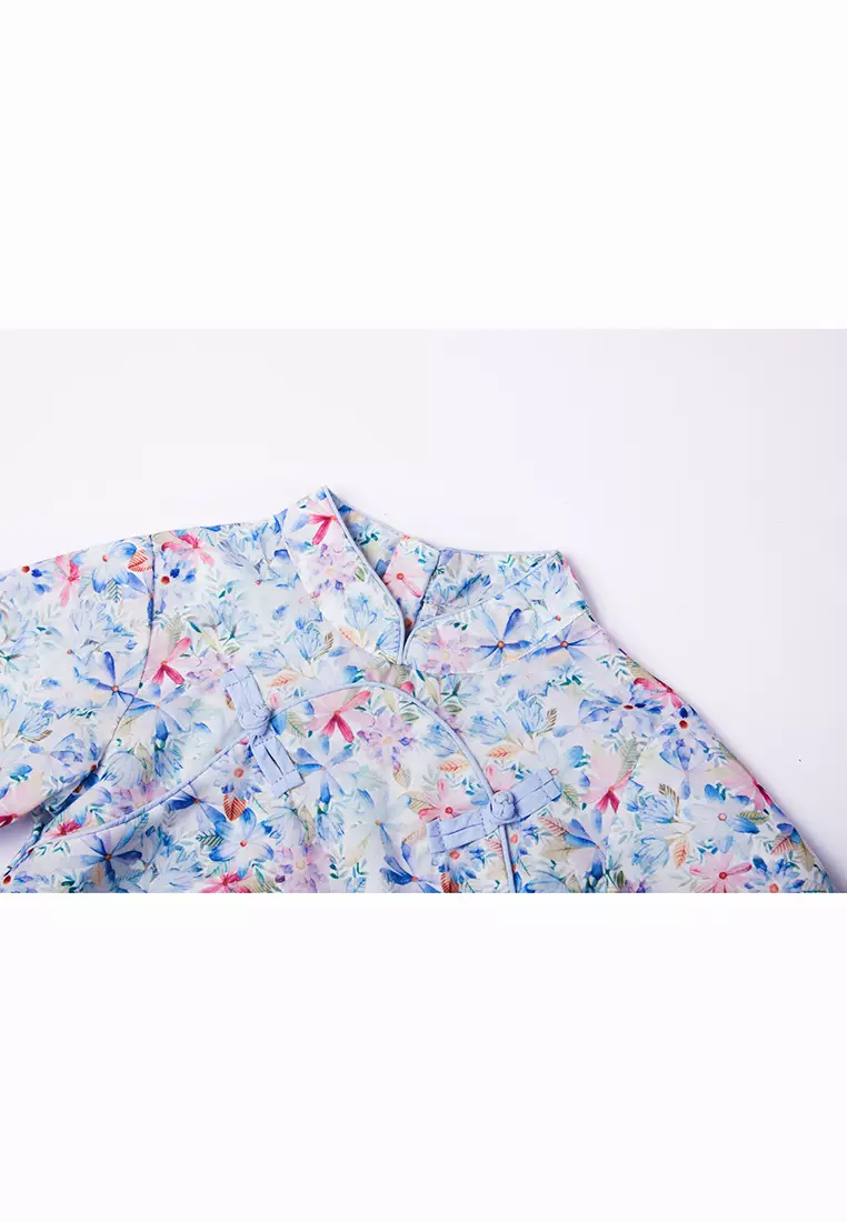 女童藍色粉色碎花雙蝴蝶結短漢服唐裝紗裙公主裙新年拜年衣服