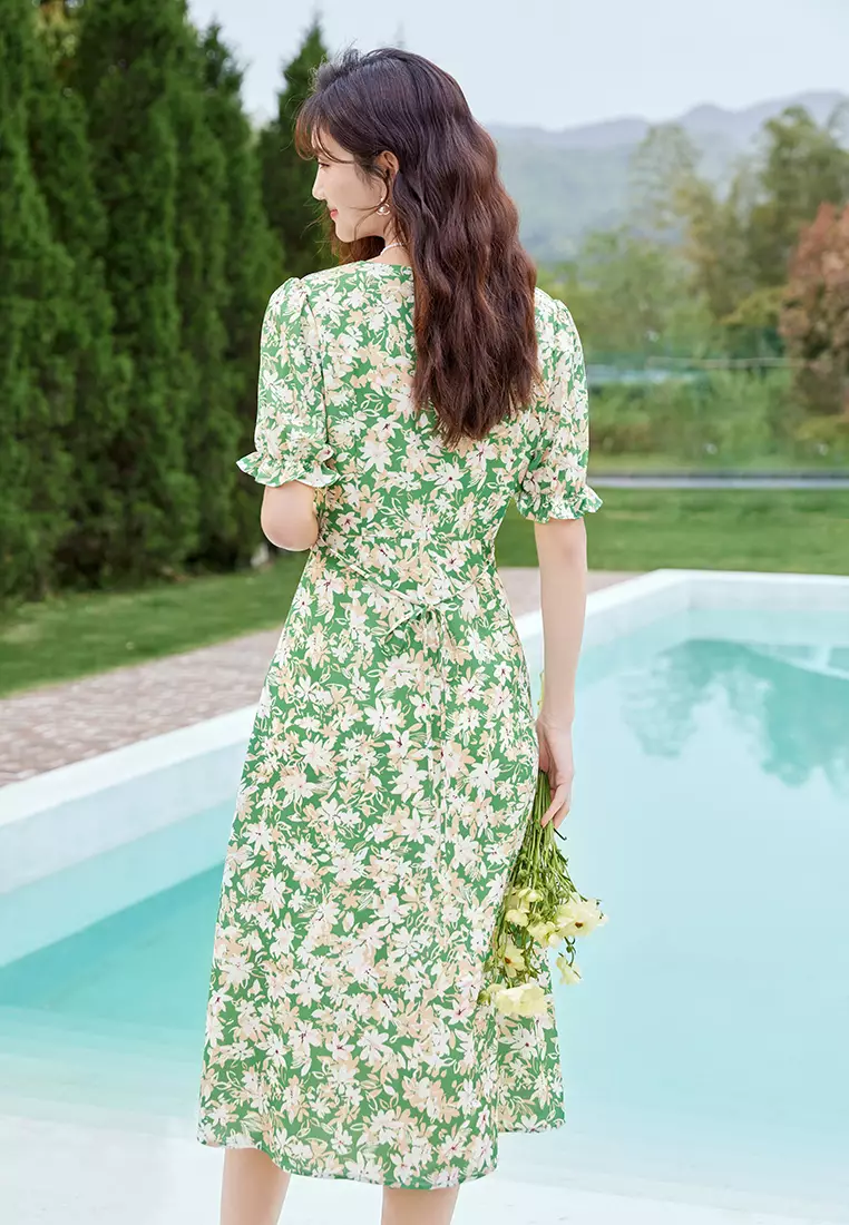 Puff Ruffled Sleeve Summer Midi Dress