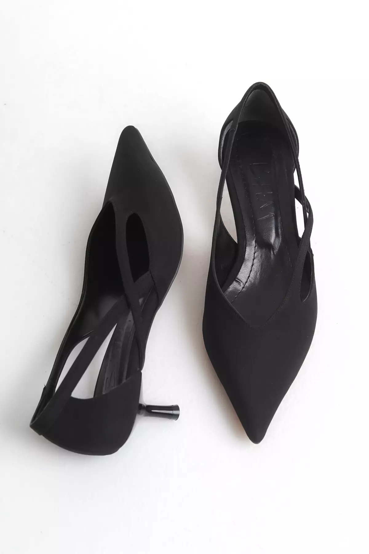 Black Cut Out Detailed Satin Pointed Toe Women's Kitten Heels Shoes Takss25To00079