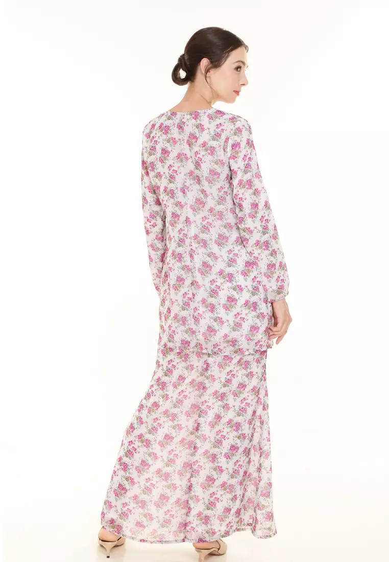 Rina Printed Kurung in White Purple Small Flower