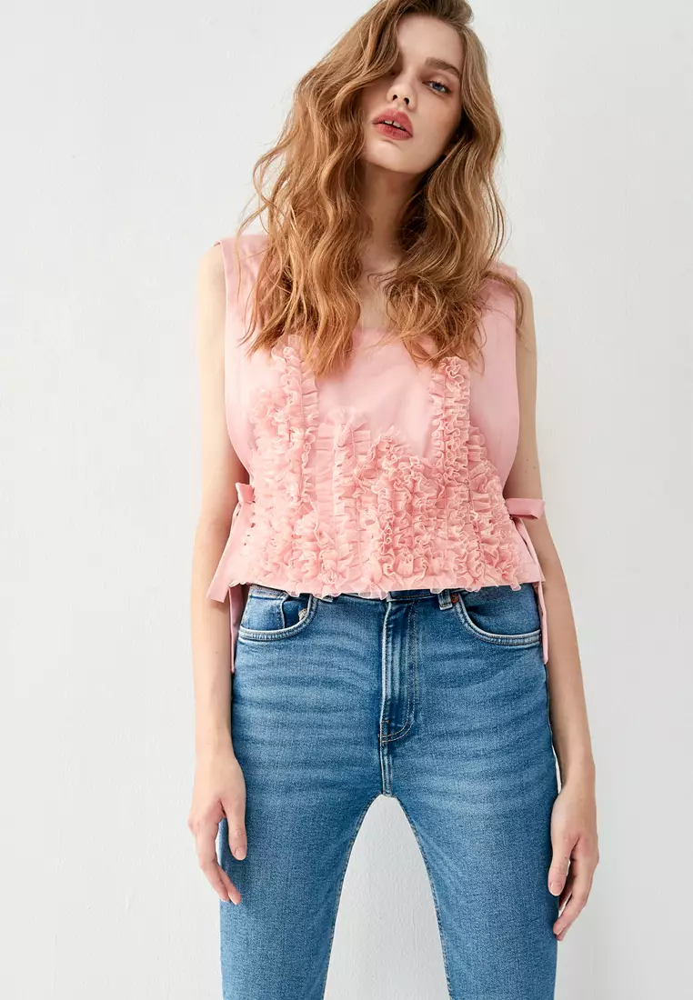 Pink Vest With Front Pleated Ruffle Detail