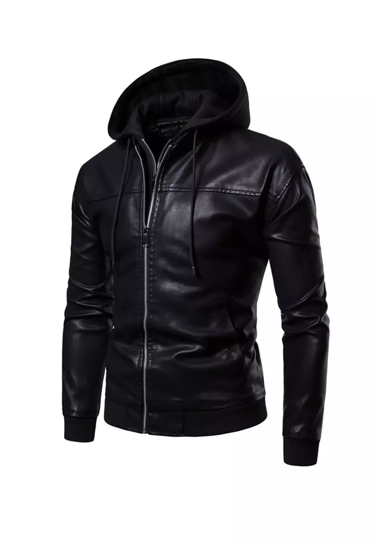 Men's Faux Leather Hooded Jacket MJ906