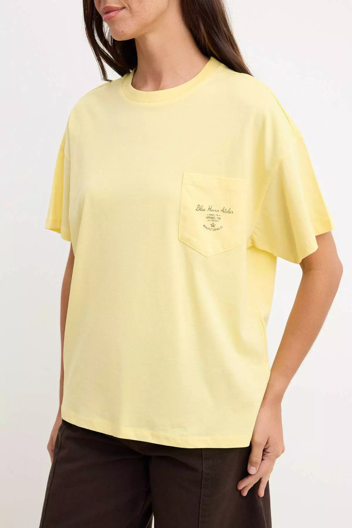Light Yellow Plain Oversized Crew Neck Low Sleeve Short Long %1 Cotton Knitted T-Shirt Twoss26Ts29