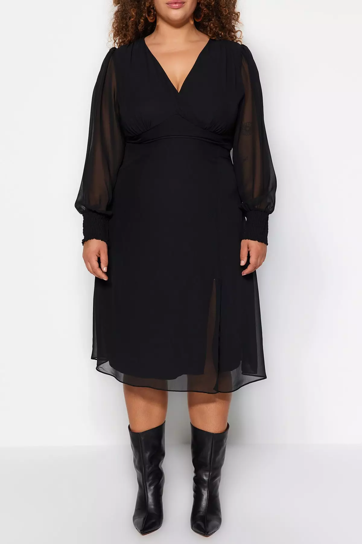 Buy Trendyol Plus Size Black Slit Detailed A-line Woven Dress 2024 ...