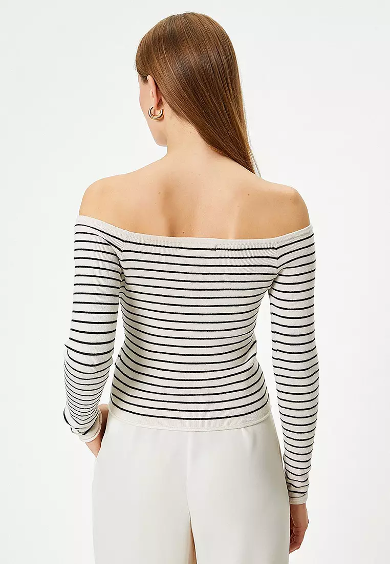 Long Sleeve Boat Neck Off-The-Shoulder Striped Knitwear Sweater