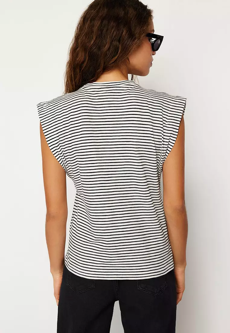 Multi Color 100% Cotton Striped Wadding Look Basic Crew Neck Knitted T-Shirt TWOSS20TS0021