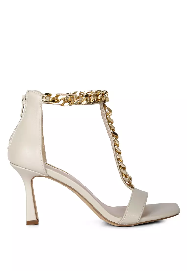 Discount on London Rag  shoes - SKU: Taupe Mid Heel Chain Detail T Strap Sandal