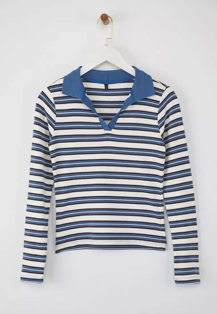 Teen Blue Striped Polo Neck Fitted/Body-Smoothing Knitted Blouse Twoaw26Bz00034
