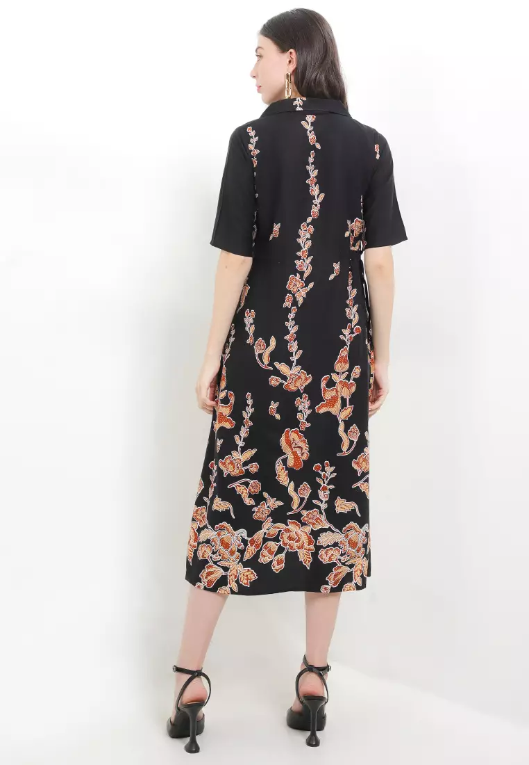 Dress Atasan Batik Wanita Innes Full Kancing Depan Cotton Rayon Black