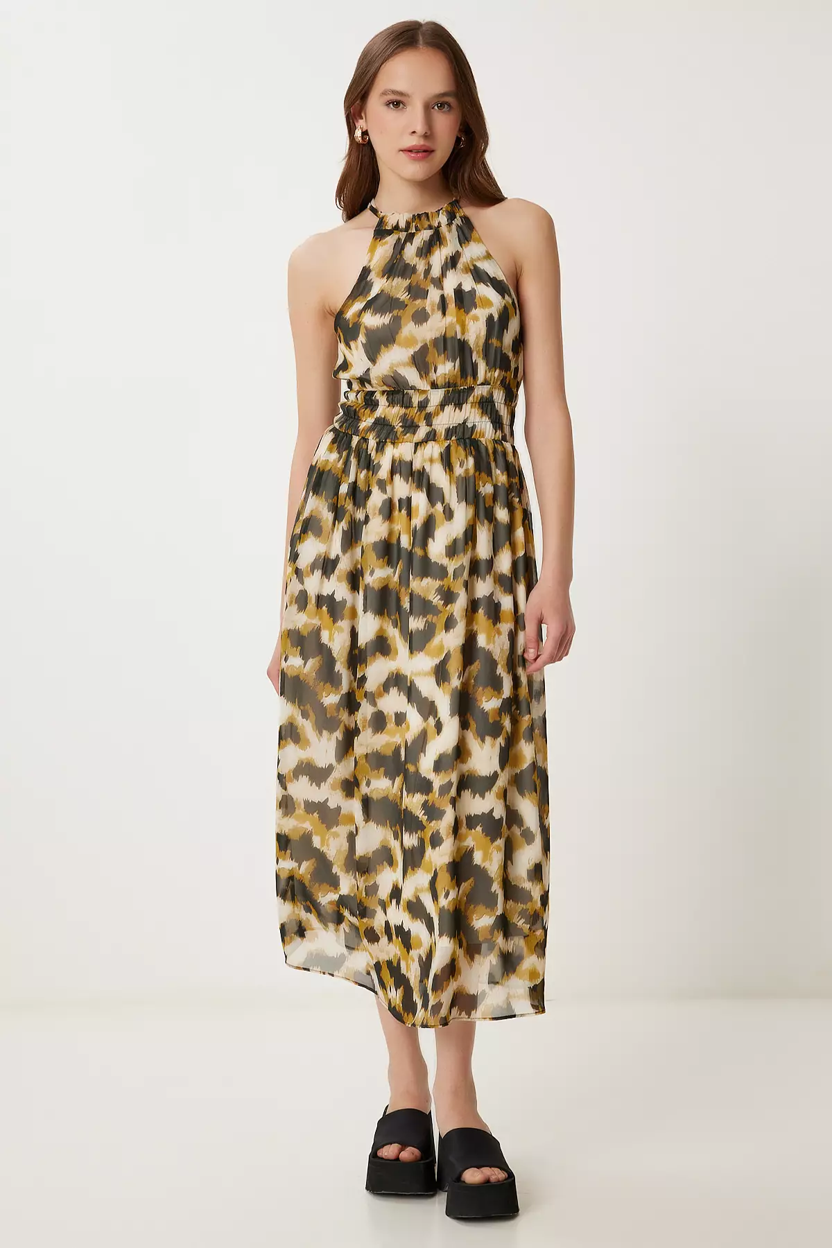 Women's Black Mustard Patterned Flounced Midi Chiffon Dress Fg00029