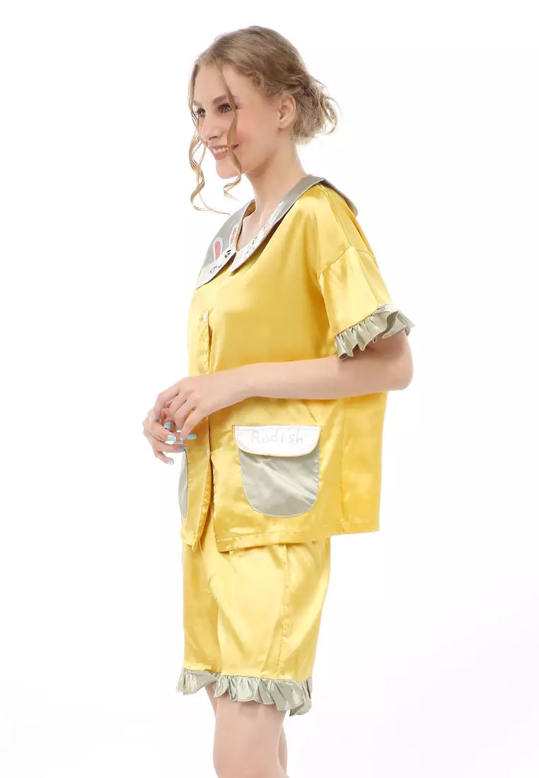 Vance Setelan Baju Tidur Wanita Lengan Pendek Motif Krab Bunny Material Satin ORIGINAL - Yellow
