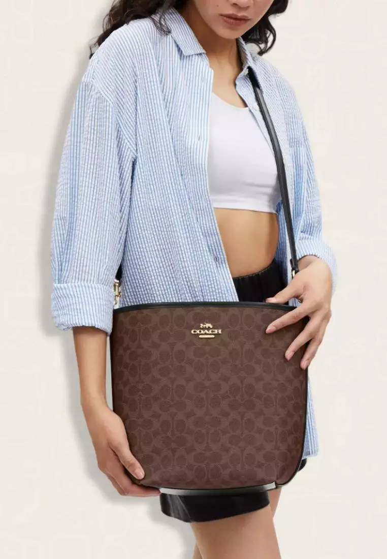 Coach City Large Bucket Bag In Signature Canvas Walnut Black