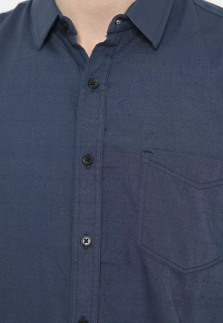 POLICE Kemeja Polos Oxford Slub Navy Regular Fit Pria