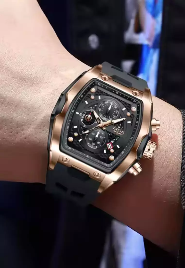 Unisex Chronograph Tonneau Shaped Plastic and Metal Alloy Quartz Watch, Rubber Strap