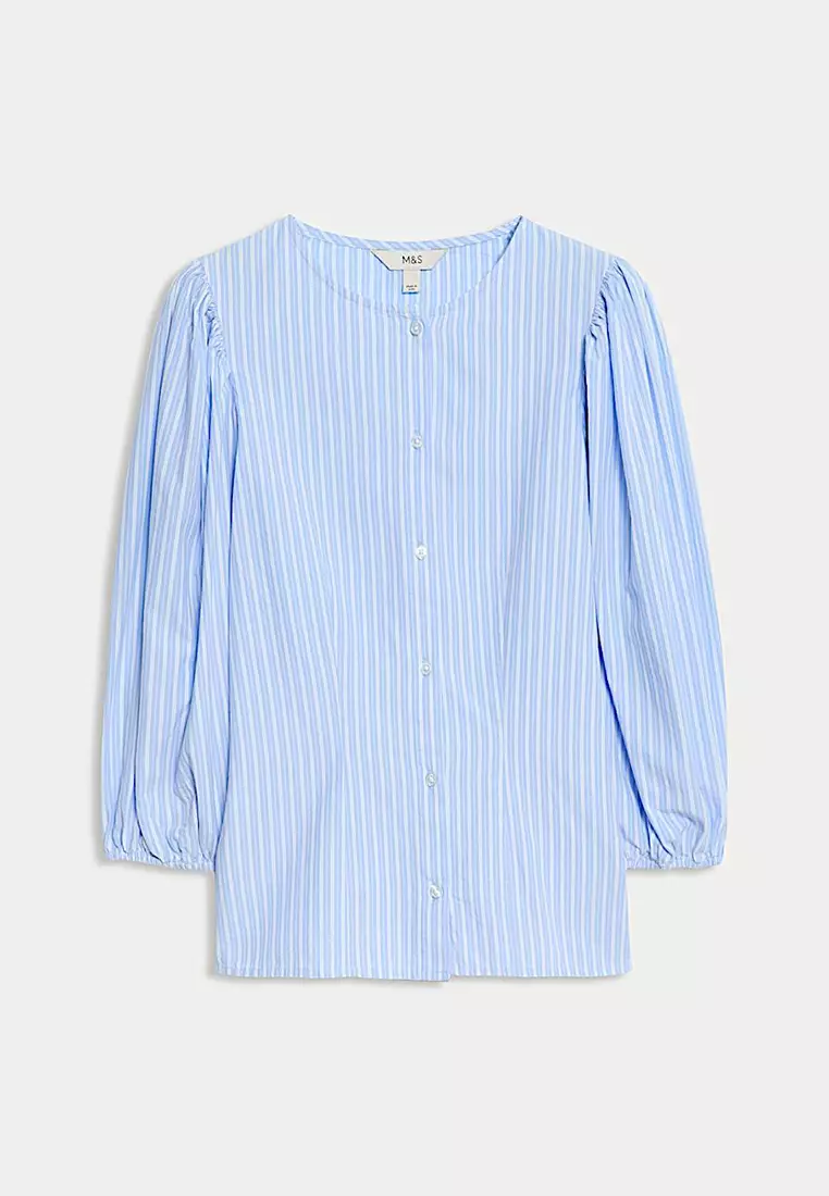 Pure Cotton Puff Sleeve Button Through Blouse