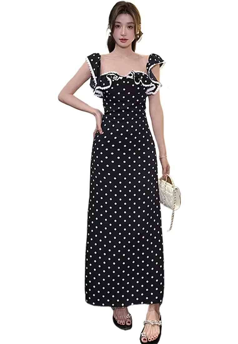 Summer new waist cinching lace lotus leaf polka dot long dress CA25060305BK