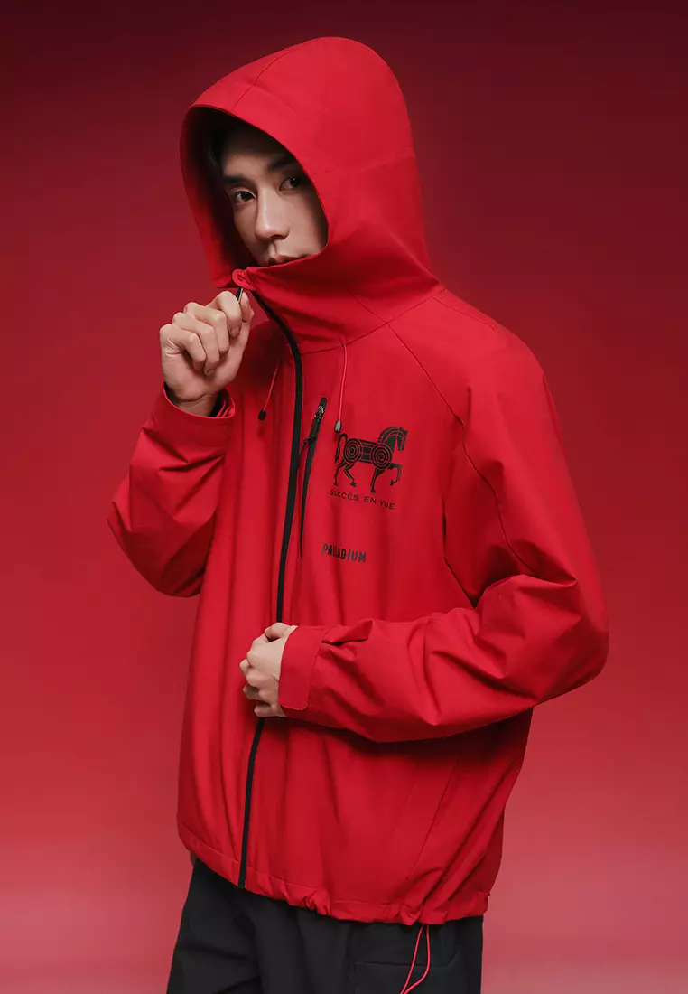 男裝馬年主題LOGO寬鬆防風防潑水連帽外套