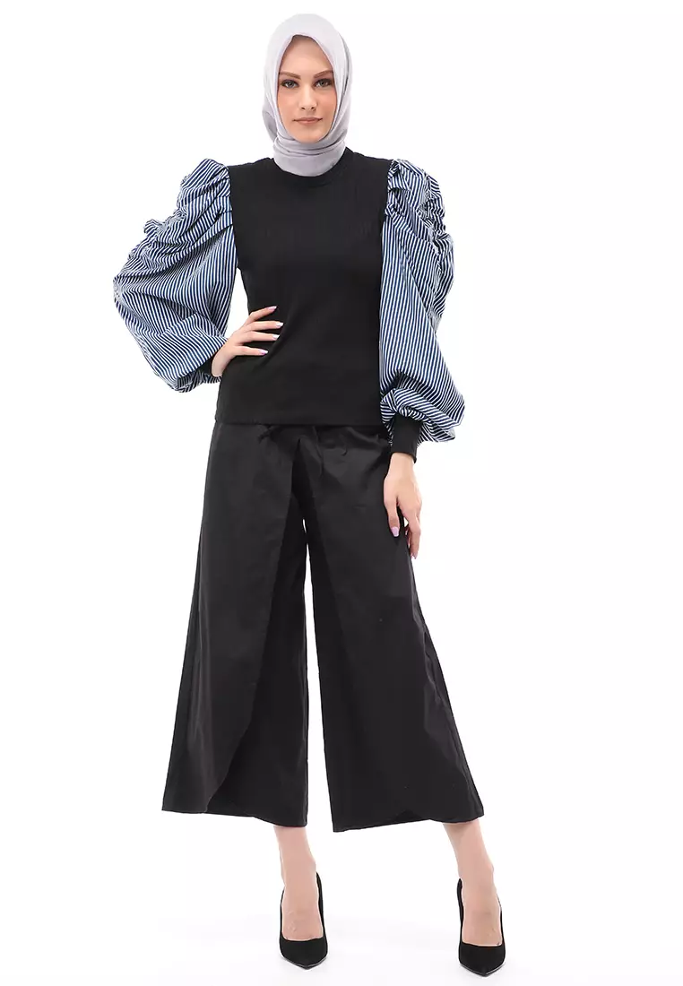 Kartika Blouse Muslimah Atasan Wanita Long Sleeve Motif Strip Regular Fit - Hitam